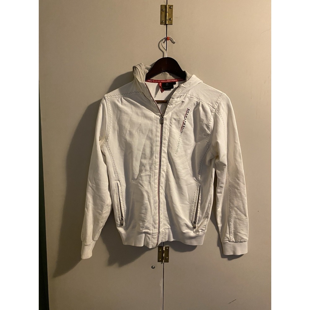 Mercedes-Benz Sport Women's Full Zip Hoodie Jacket White Rhinestone Studded Sz M